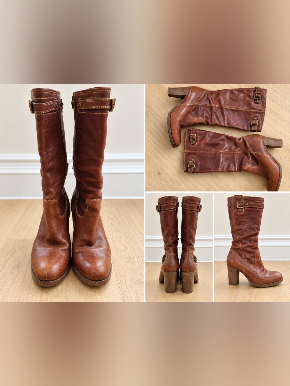 Coach Brown Leather Mid-Calf Heeled Riding Boots with Buckles